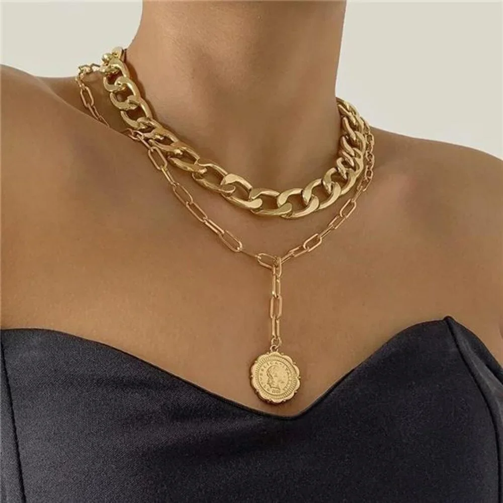 Women Gold Boho Cuban Chunky Necklace Layered Paperclip Chain with Coin Pendant - Picture 3 of 7